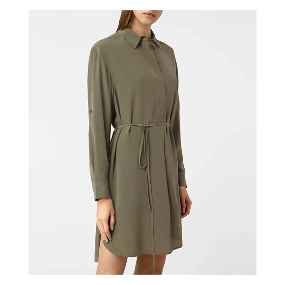 AllSaints Alex Shirt Dress Size US 4 Olive Green Long Sleeve Button Front Silk - Picture 15 of 15
